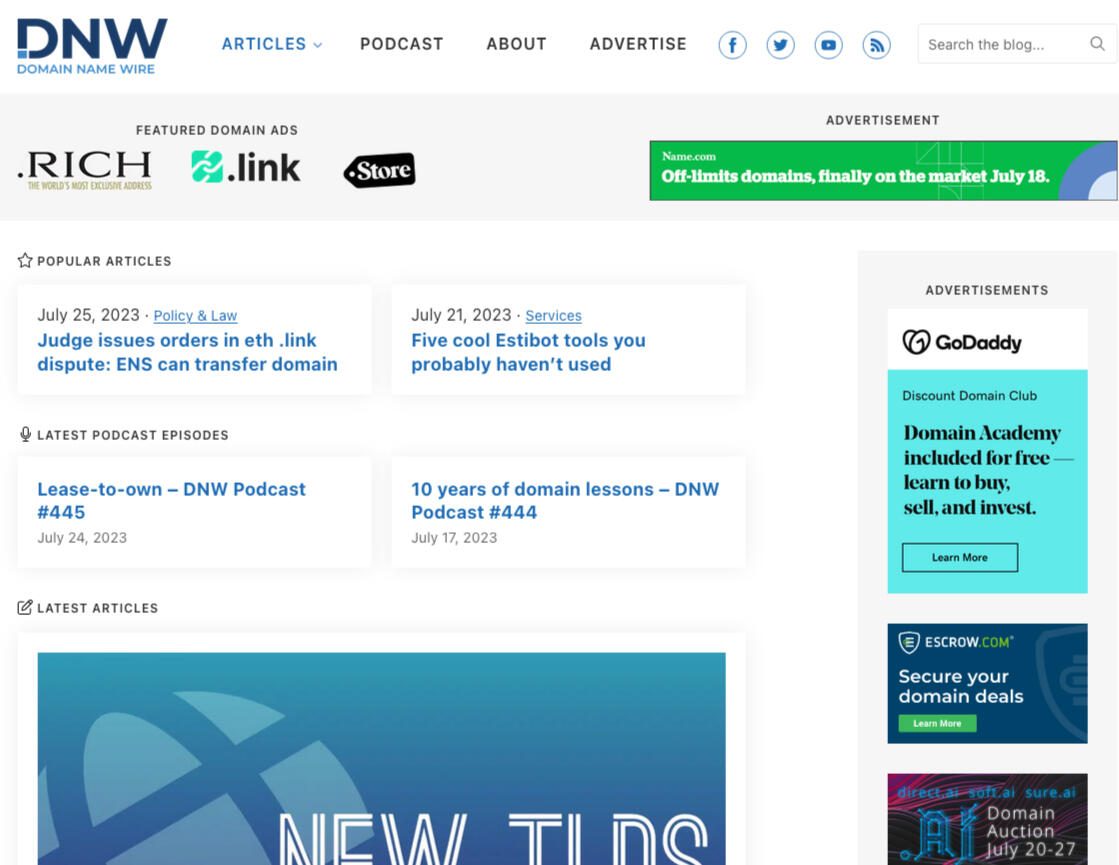 Homepage of Domain Name Wire